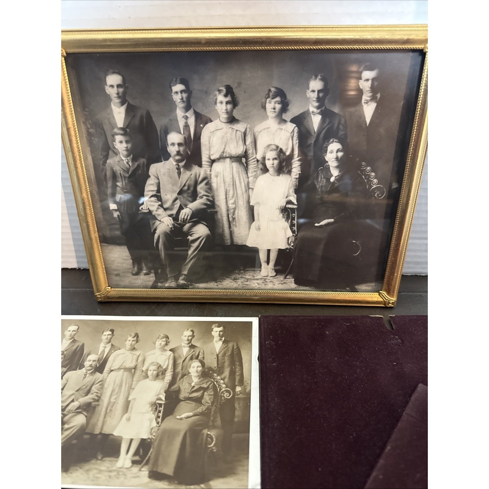 Antique Framed Family Group Photograph Picture Writing On Back 1919 Brass Frame